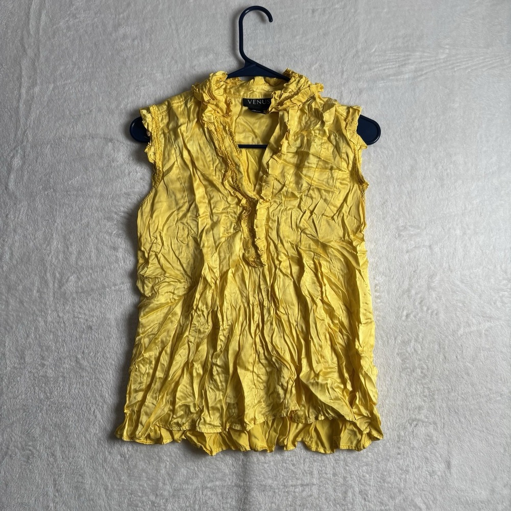 VTG Venus Ruffle Yellow Sleeveless V Neck Blouse Top Women's 8‎ Silk